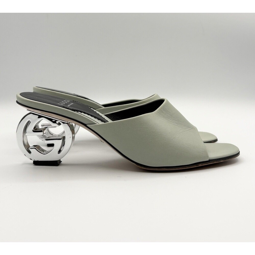 Gucci Light Green Leather Interlocking GG  Logo Heels 75MM Sz 37 RET $1100